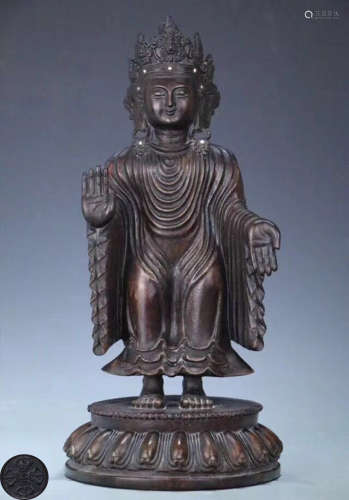 A CHENXIANG WOOD CARVED BUDDHA STANDING STATUE