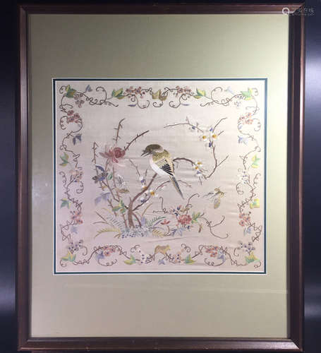 A FRAMED BIRD AND FLORA EMBROIDERY SCREEN