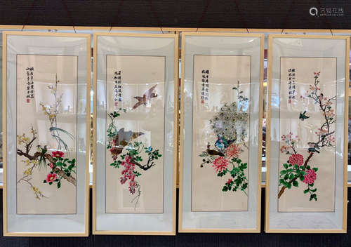 FOUR FRAMED FLORAL AND BIRD PATTERN SCREENS