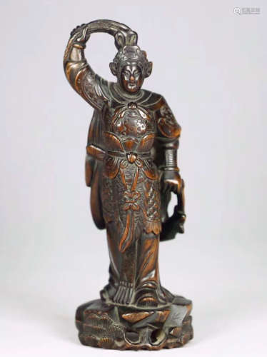 A CHENXIANG WOOD CARVED LADY GENERAL FIGURE
