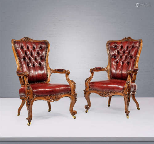 约1850年 英国维多利亚时期胡桃木雕绅士扶手椅 （一对）