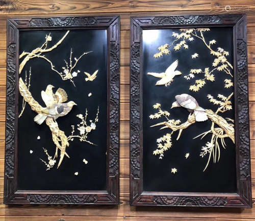 PAIR FLORAL AND BIRD PATTERN FRAMED SCREENS