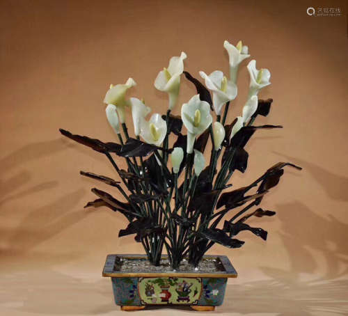A WHITE JADE CARVED FLOWER AND CLOISONNE BONSAI