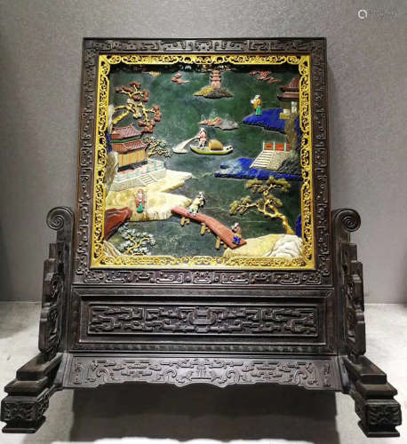 A JADE STONE DECORATED WOOD FRAMED SCREEN