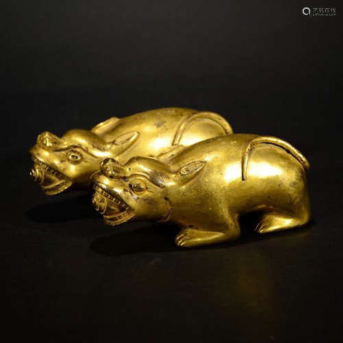 A PAIR OF GILT-BRONZE LUCK MOUSE FIGURES