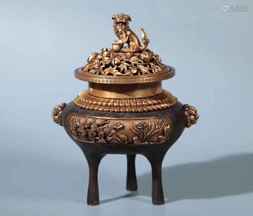 A COPPER GILT LION CENSER