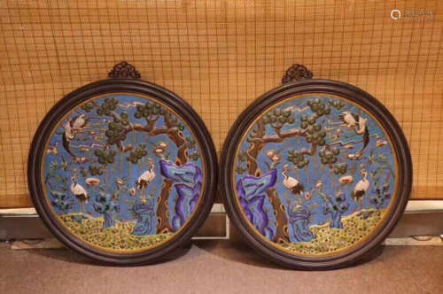 PAIR OF ZITAN FRAME AND CLOISONNE HANGING SCREENS