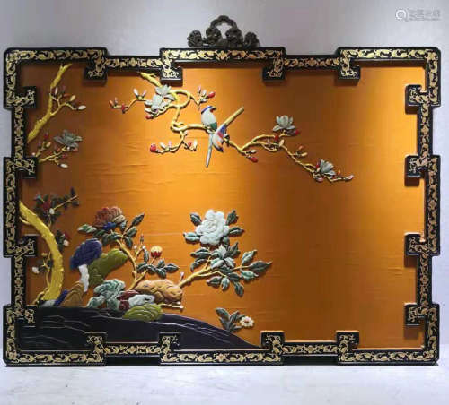 A YELLOW LACQUER FLORAL PATTERN HANGING SCREEN