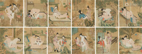 仇英（1498～1552） 春宫（无图） （十二枚） 册页 设色绢本