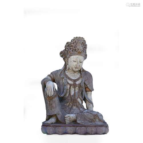 A RARE LARGE PAINTED STONE FIGURE OF GUANYIN