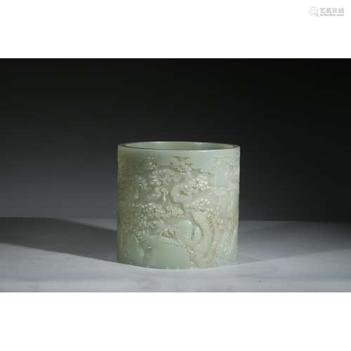 A LARGE WHITE JADE 'LANDSCAPE' BRUSHPOT