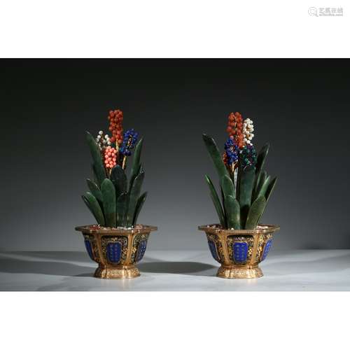 A PAIR OF GILT BRONZE 'GREEN JADE ORCHIDS' JARDINIERES