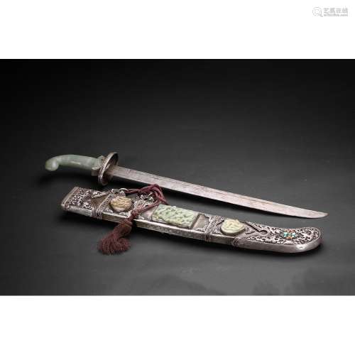 A SILVER JADE INLAID DAGGER WITH SCABBARD