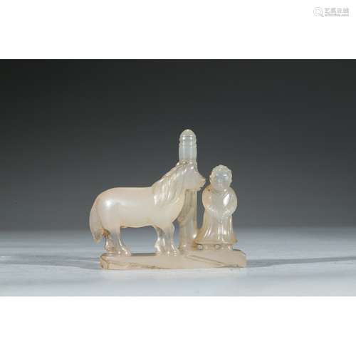 A CARVED AGATE 'HORSE AND FIGURE' GROUP