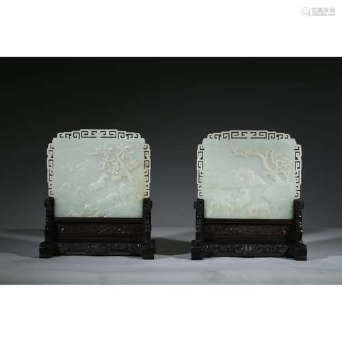 A PAIR OF WHITE JADE 'HORSES' TABLE SCREENS