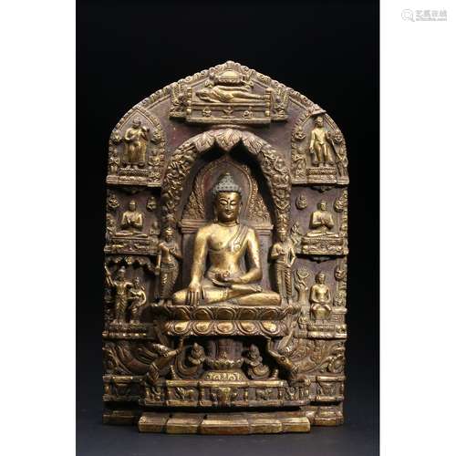 A GILT-BRONZE VERTICAL PLATE OF BUDDHAS