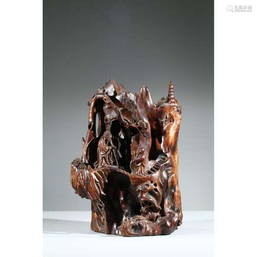 A HUANGHUALI CARVED OPENWORK 'FIGURES' BRUSHPOT