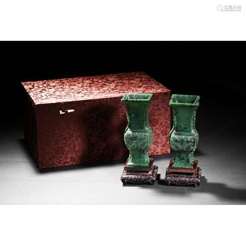 A PAIR OF SPINACH GREEN JADE GU VASES