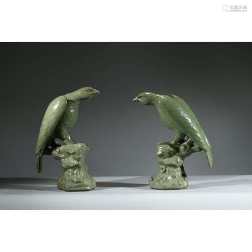 A PAIR OF CELADON GLAZED BIRD MODELS