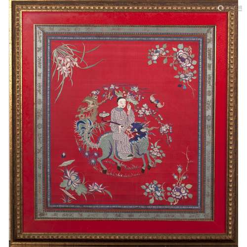 A FRAMED CHINESE SILK EMBROIDERY ‘QILIN AND FIGURE'