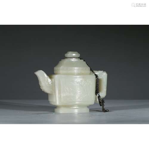 A CARVED WHITE JADE TEAPOT AND COVER