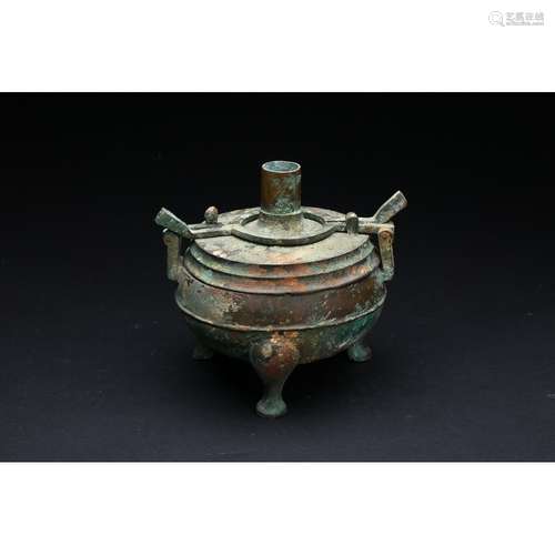 A BRONZE TRIPOD VESSEL AND COVER