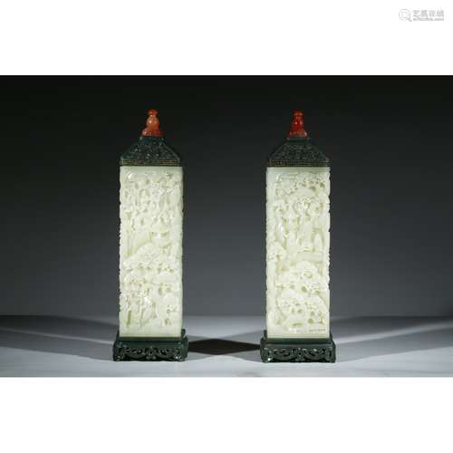 A PAIR OF WHITE JADE 'LANDSCAPE' INCENSE HOLDERS