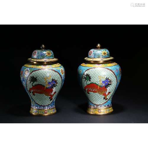 A PAIR OF CLOISONNE ENAMEL AND GILT-BRONZE JARS AND COVERS