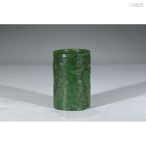 A CARVED GREEN JADE 'LANDSCAPE' BRUSHPOT