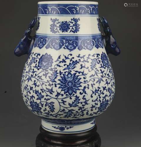 BLUE AND WHITE FLOWER PAINTED DEER HEAD JAR