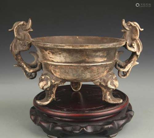 A SILVER COVER TRIPOD FOOT DRAGON EAR BRONZE CENSER