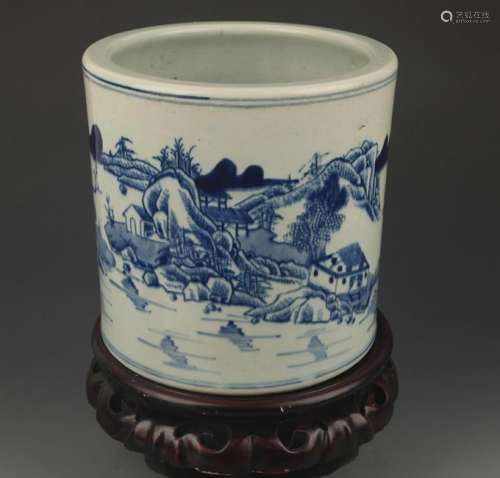 BLUE AND WHITE  LANDSCAPE PORCELAIN BRUSH POT