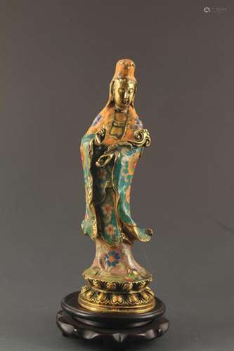 A BRONZE CLOISONNE GUAN YIN FIGURE