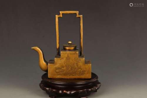 A FINE HIGH HANDLE BRONZE TEAPOT