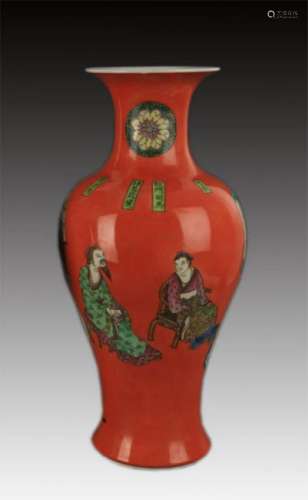 RED GLAZED CHARACTER PAINTED GUAN YIN PORCELAIN VASE