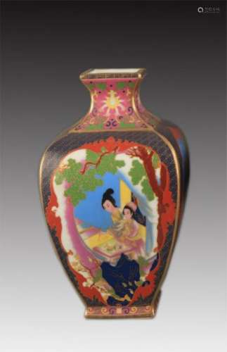 A FAIENCE COLOR FEMALE PAINTED SQUARE JAR