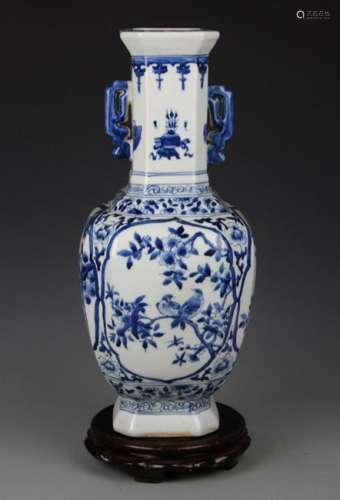 BLUE AND WHITE FLOWER AND BIRD PAINTED VASE