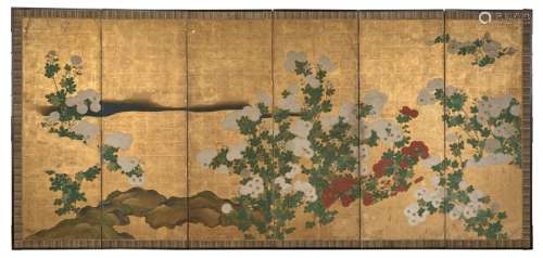 PARAVENT À SIX FEUILLES SUR PAPIER À FOND OR, Japon, école de Rinpa, époque Edo, XVIIIe siècle