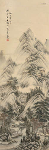 王二水（1870～1948） 溪山水阁图 立轴 设色纸本
