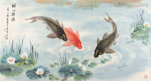 吴青霞（1910～2008） 晴江游泳 镜片 设色纸本