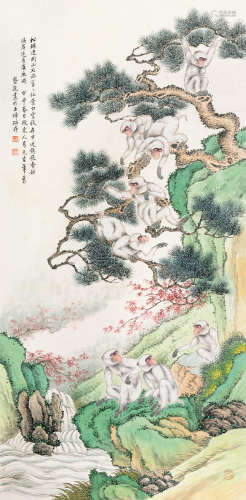 蔡铣（1897～1960） 八猿图 立轴 设色纸本