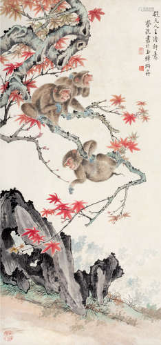 蔡铣（1897～1960） 三猴嬉枫图 立轴 设色纸本