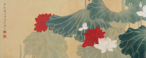 谢月眉（1906～1998） 红荷白荷 镜片 设色纸本