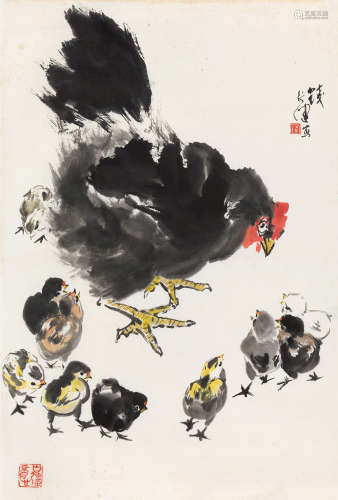 钱行健（1935～2010） 群鸡图 镜片 设色纸本