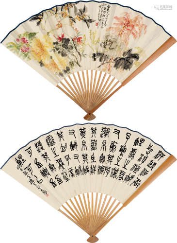 赵云壑（1874～1955） 繁花似锦图并石鼓文 成扇 设色、水墨纸本