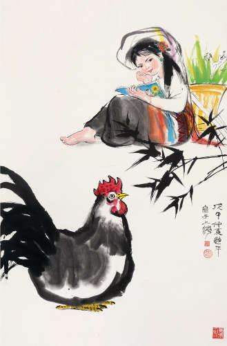 张迪平（b.1942） 少女与鸡 立轴 设色纸本