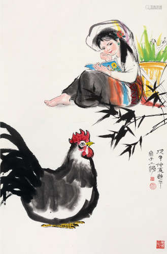 张迪平（b.1942） 少女与鸡 立轴 设色纸本