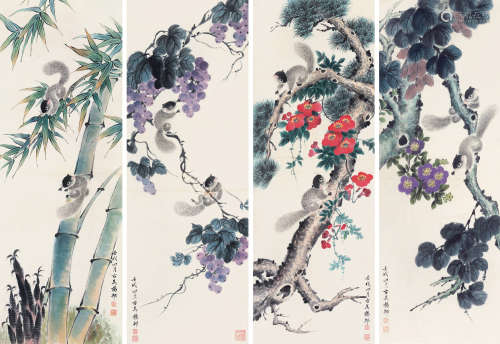 杨邨（1914～1995） 松鼠 （四幅） 镜片 设色纸本