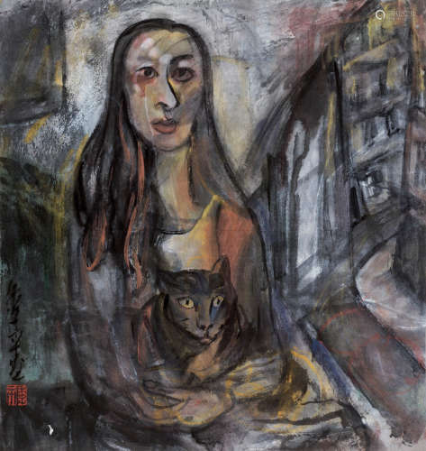 季平（b.1956） 女人与猫 镜片 设色纸本