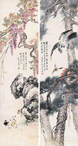 房毅（1889～1979） 花鸟 （二幅） 立轴 对屏 设色纸本